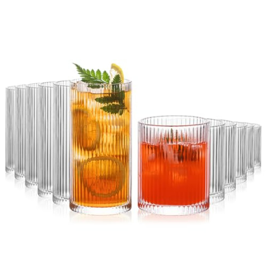 Highball Glass Set - 12Piece Ribbed Glassware Set with 6