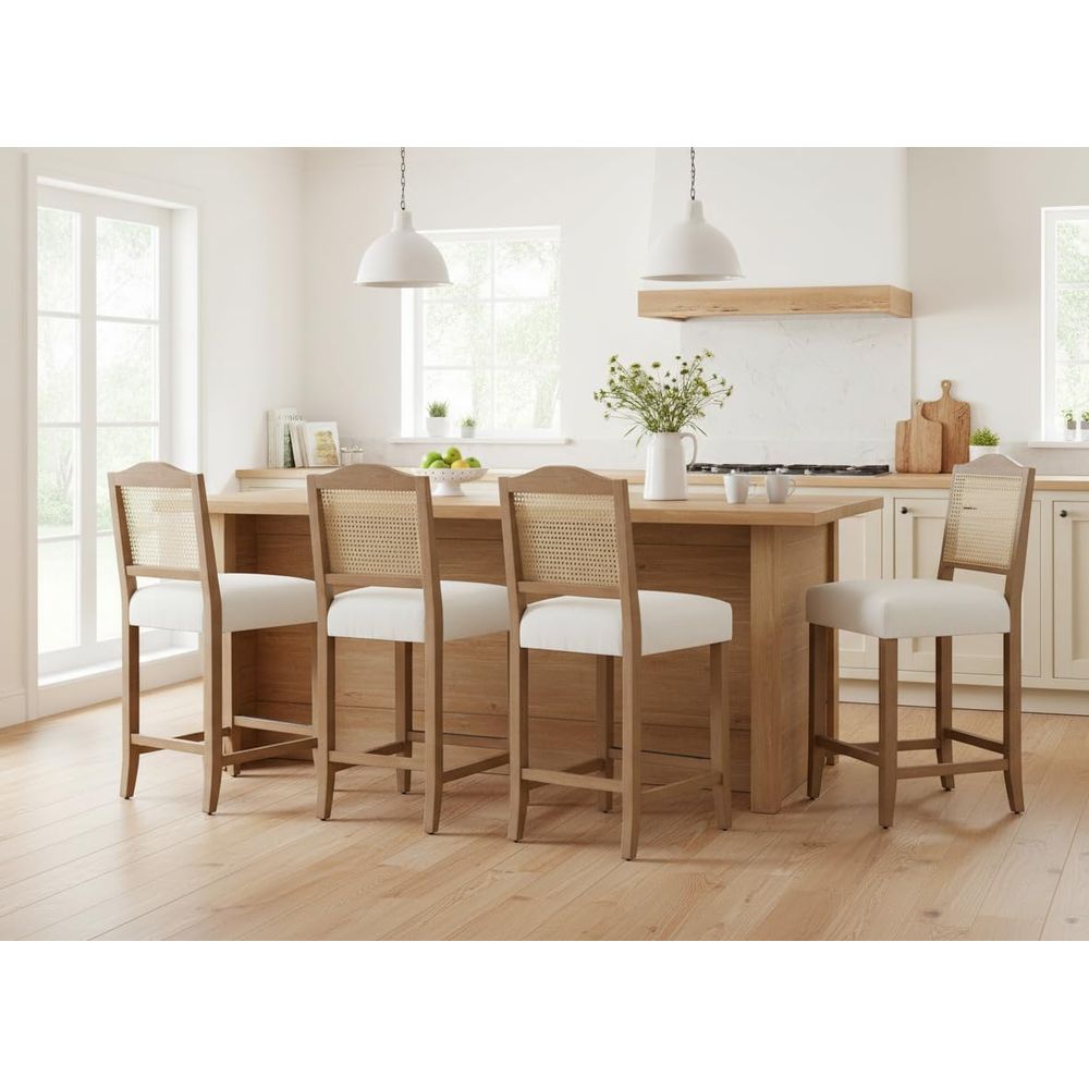 Home Bar Stools - Set of 4 Linen Beige Cane