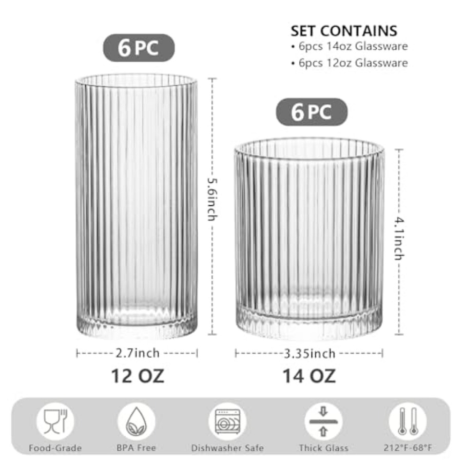 12Piece Ribbed Glassware Set w - Highball Glass Set avis et prix