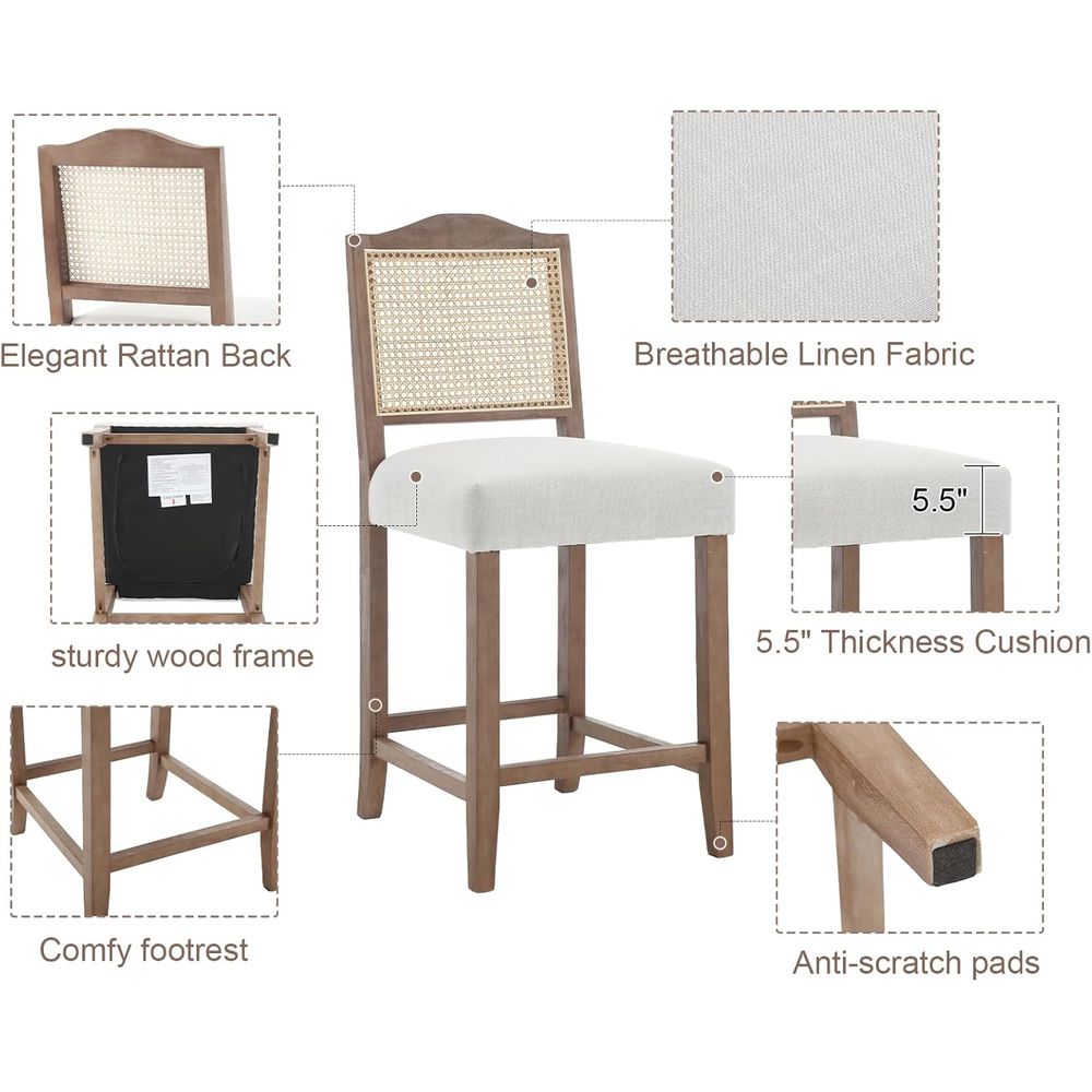 Set of 4 Linen Beige Cane Back - Home Bar Stools avis et prix
