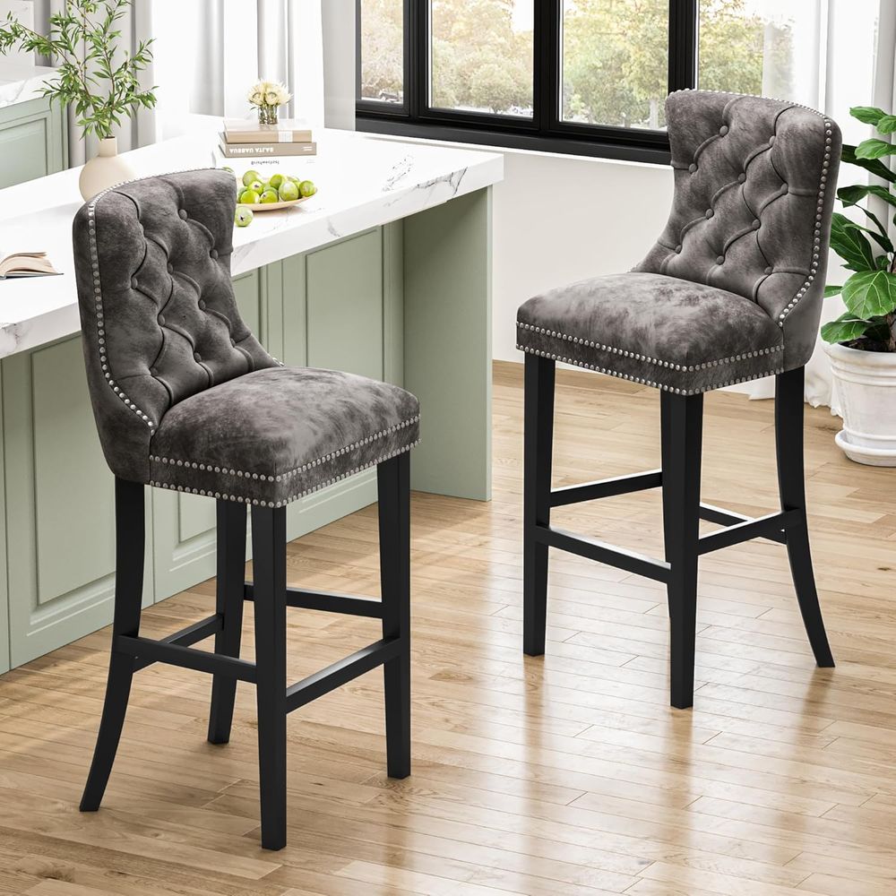 Set of 2 Light Grey Velvet Bar - Home Bar Stools avis et prix