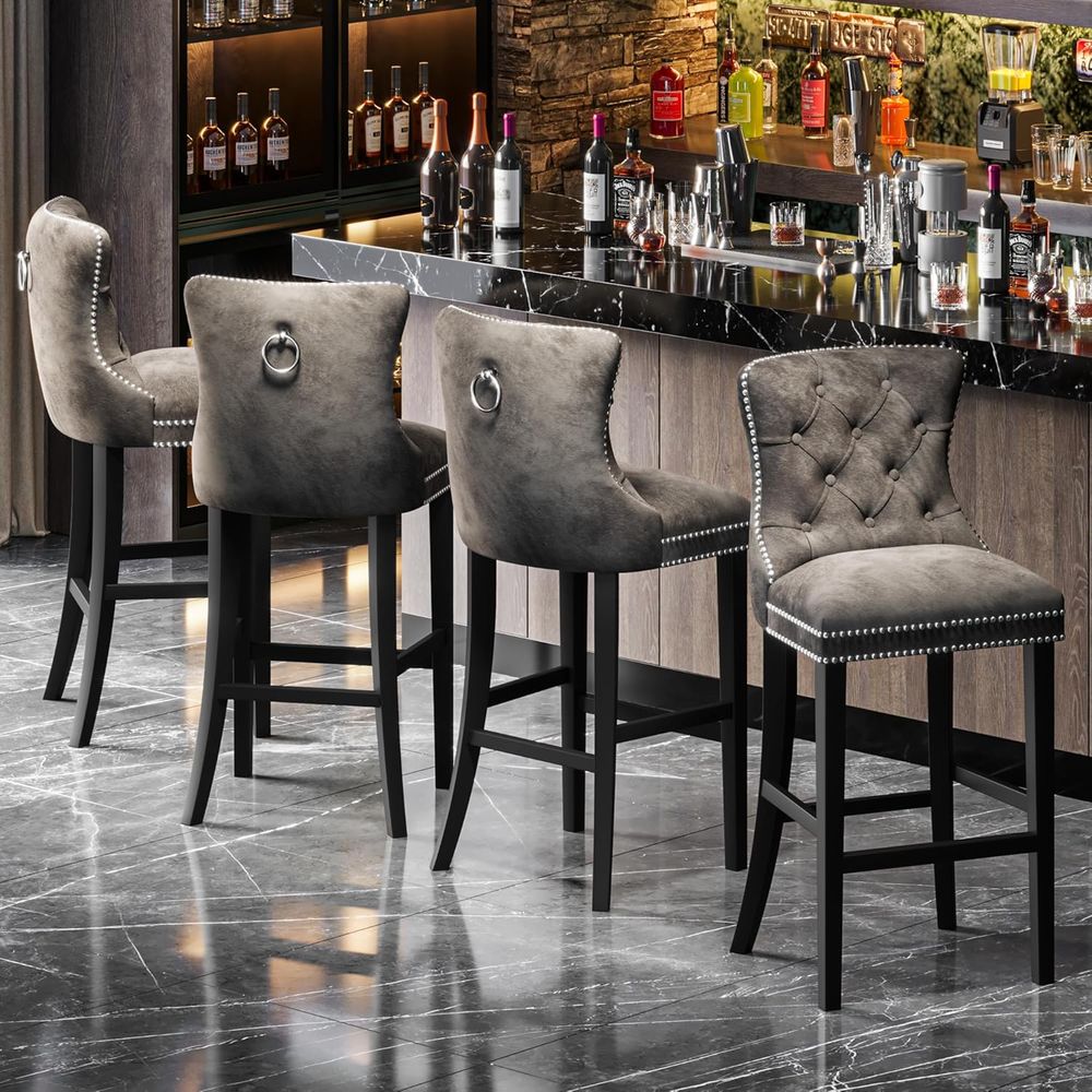 Set of 2 Light Grey Velvet Bar - Home Bar Stools avis et prix